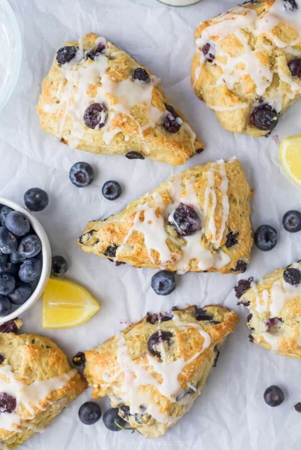 Lemon blueberry scones with lemon glaze.