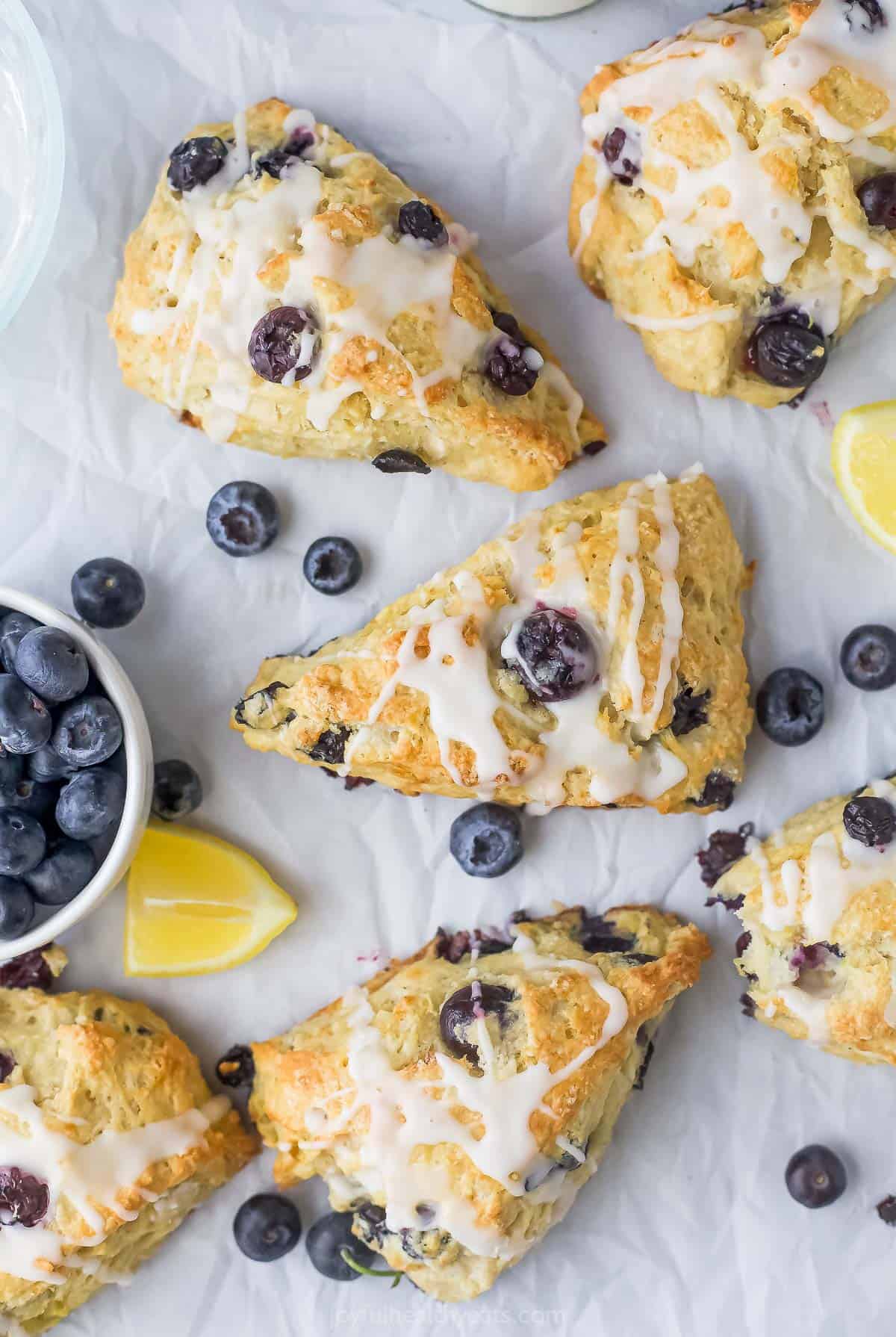 Lemon blueberry scones with lemon glaze.  