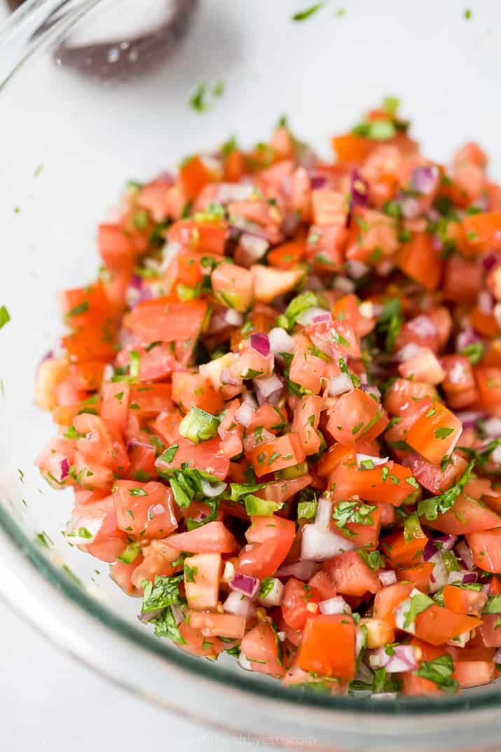 close up of freshly made pico de gallo in a bowl