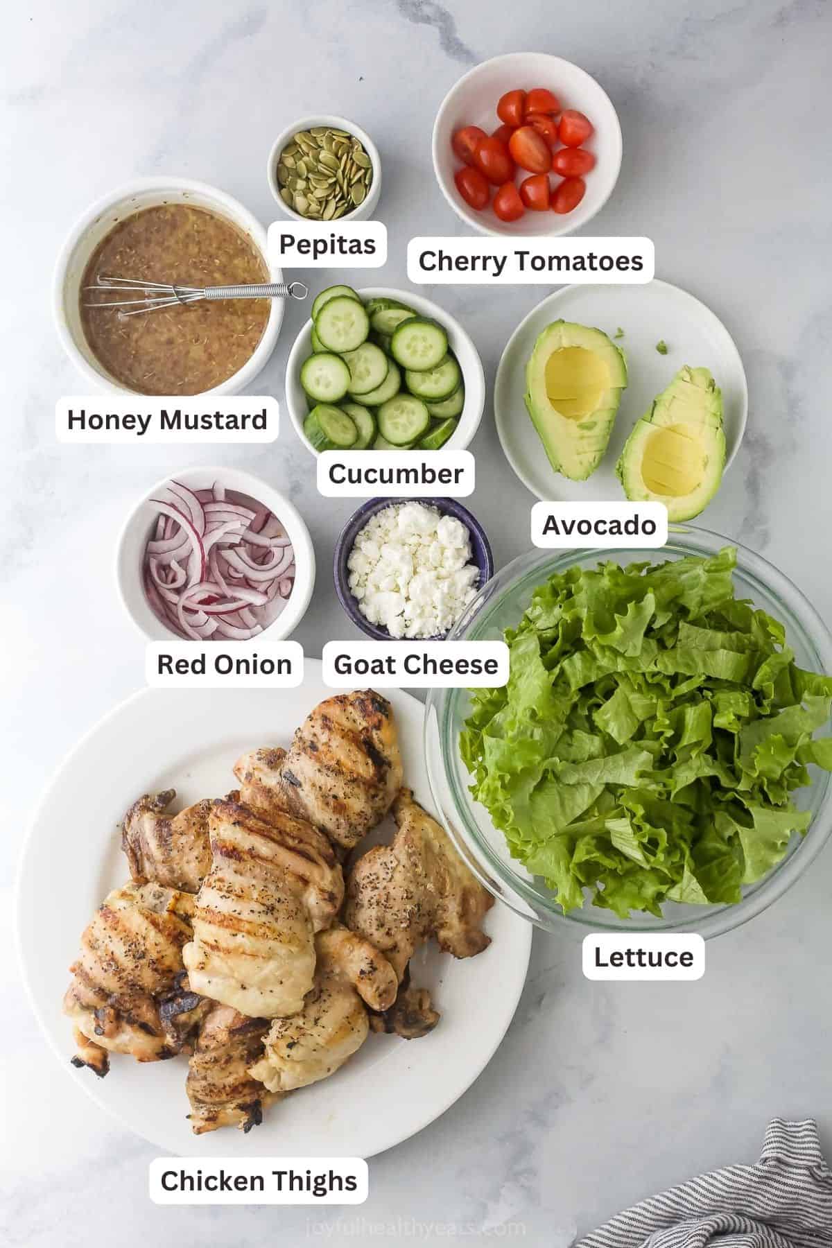 Ingredients for the chicken and avocado salad. 