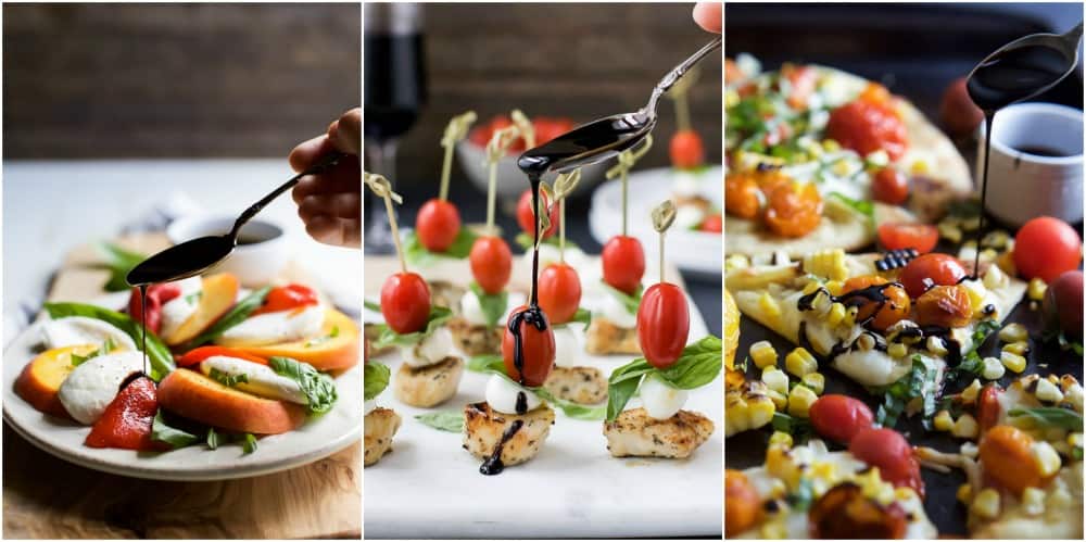 Balsamic reduction being drizzled on top of food.