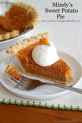 Mindy's Sweet Potato Pie title image with a slice of sweet potato pie with whipped cream on a white plate