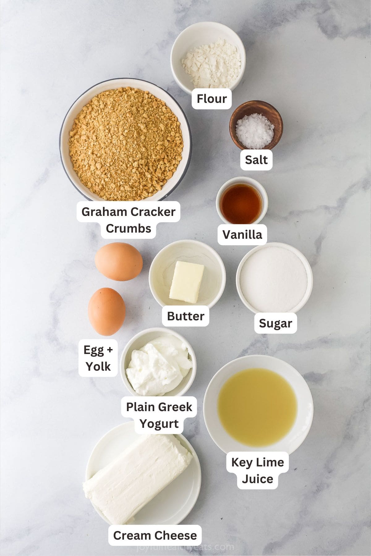 Tart and sweet, creamy and fluffy, these mini key lime pies are a delightful one-bite dessert to whip up for parties—and just because. Overhead view of ingredients for mini key lime pies