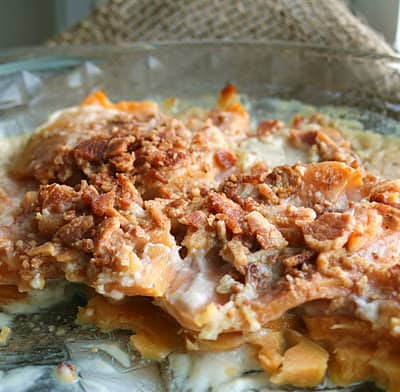 Scalloped Sweet Potato in a baking dish