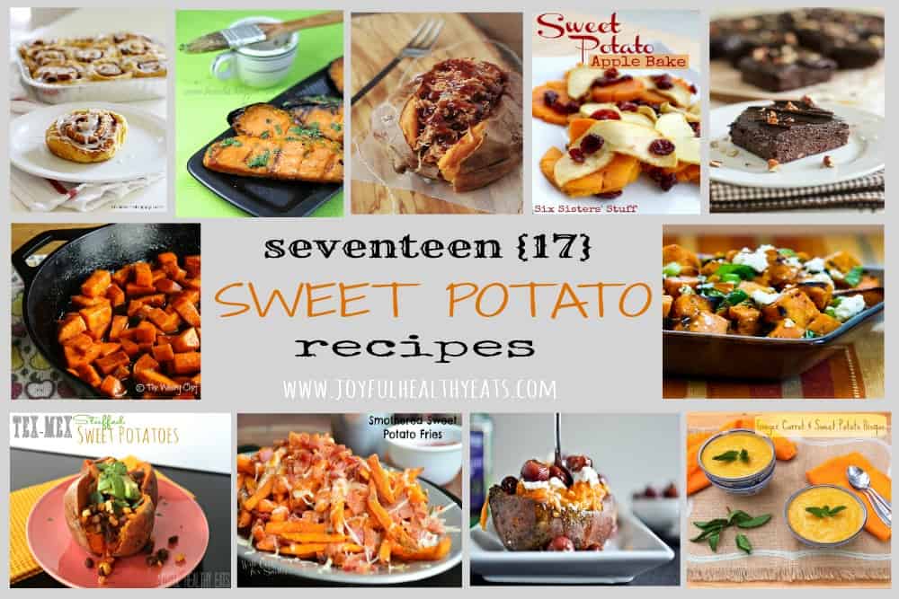 Seventeen Sweet Potato Recipes Title Image with examples of 11 sweet potato recipes