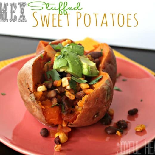 Tex-Mex Stuffed Sweet Potato on a red plate