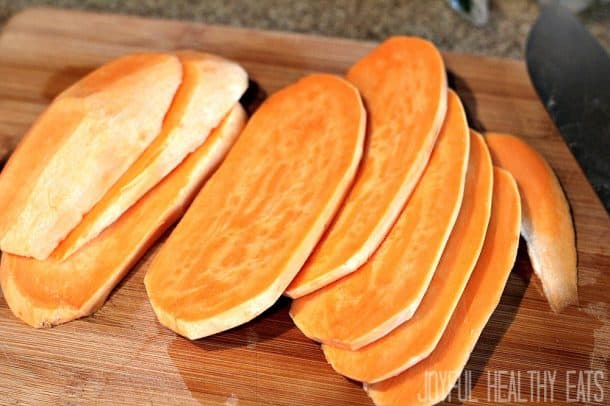 Sweet potato slices on a cutting board