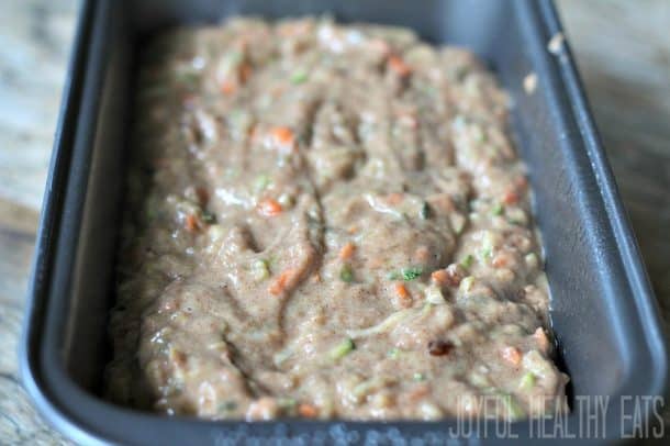 Zucchini Carrot Bread batter in a loaf pan