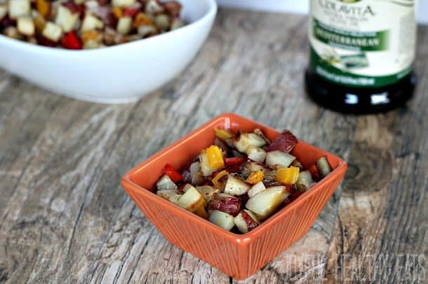 Roasted Breakfast Potatoes with bell peppers in a square bowl