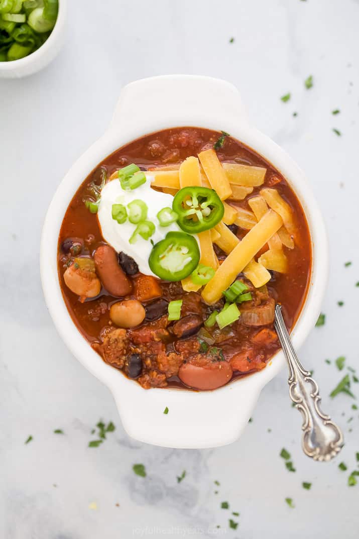 Close up of a bowl filled with three bean chili.