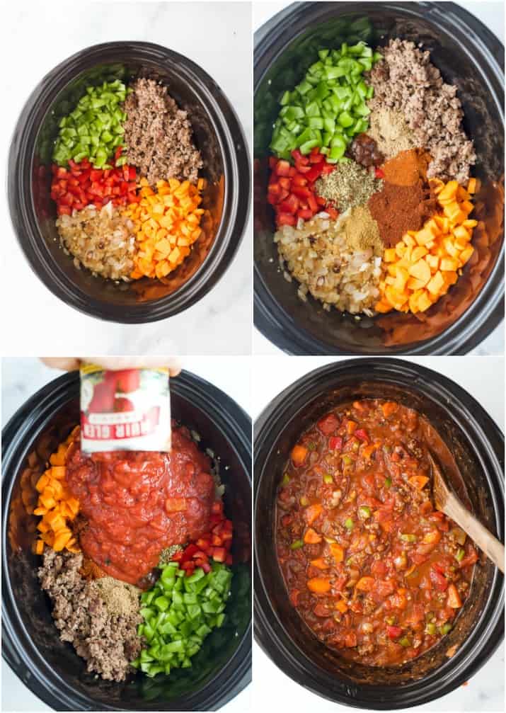 Collage of how to make three bean chili.