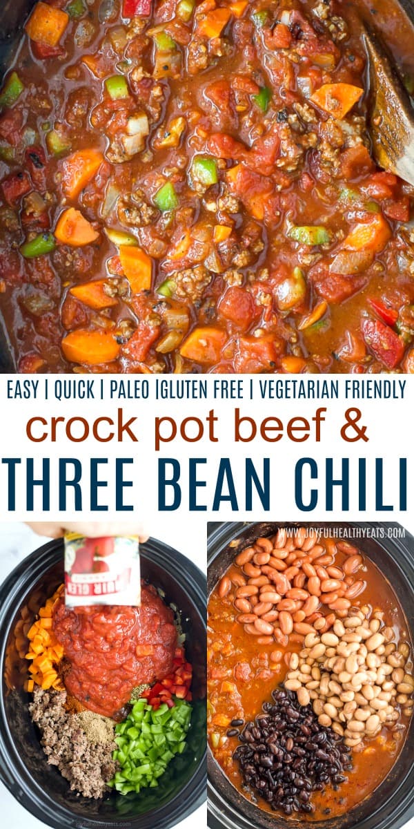pinterest collage for crock pot beef three bean chili recipe