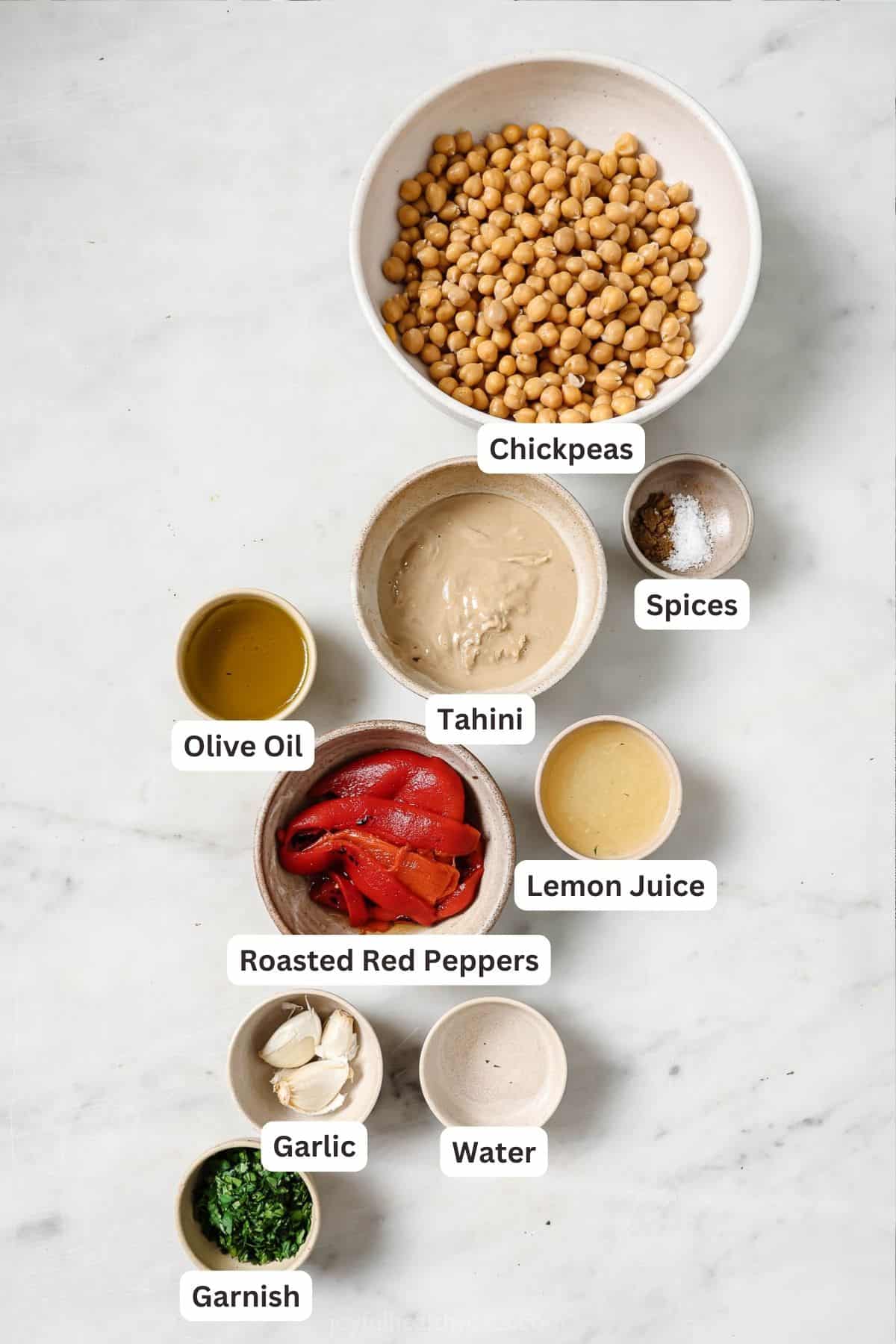 Ingredients for roasted red pepper hummus.