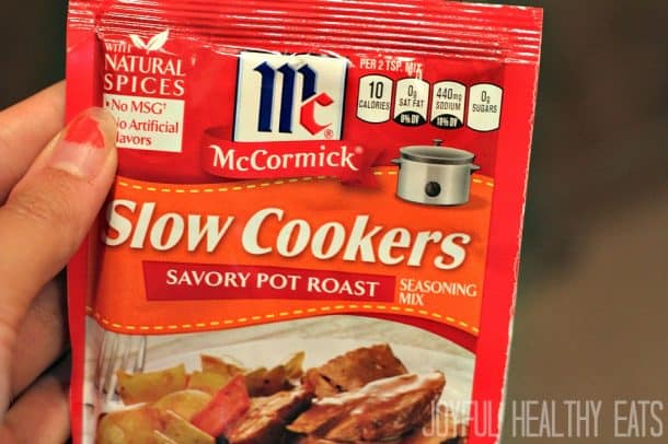 A package of McCormick Slow Cookers Savory Pot Roast seasoning mix