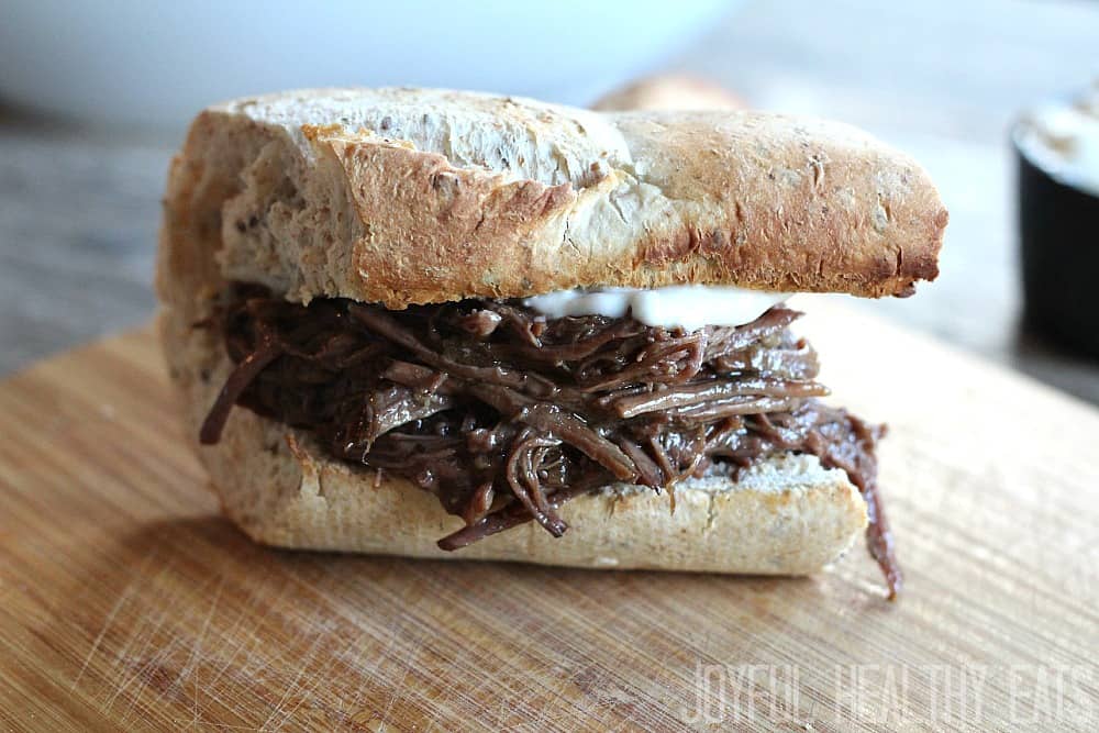 Shredded Beef Sandwich on a toasted roll with aioli