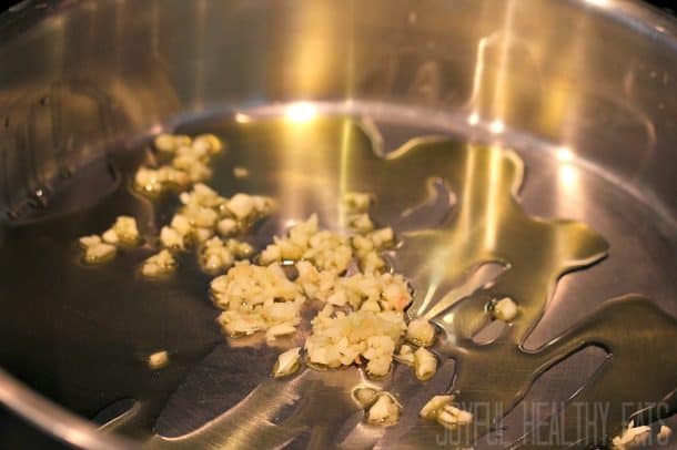 Olive oil and garlic in a skillet