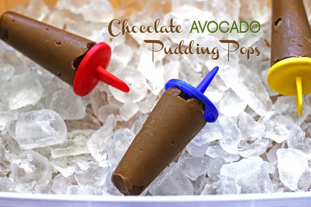 Title Image for Chocolate Avocado Pudding Pops and three homemade pudding pops laying on ice