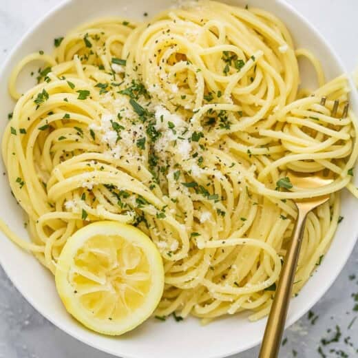 Bowl of lemon garlic pasta with fork