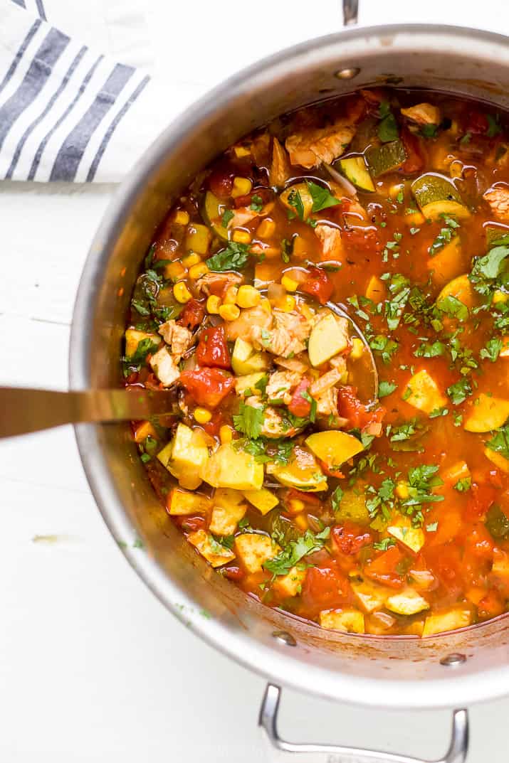 hearty chicken tortilla soup in a large soup pot