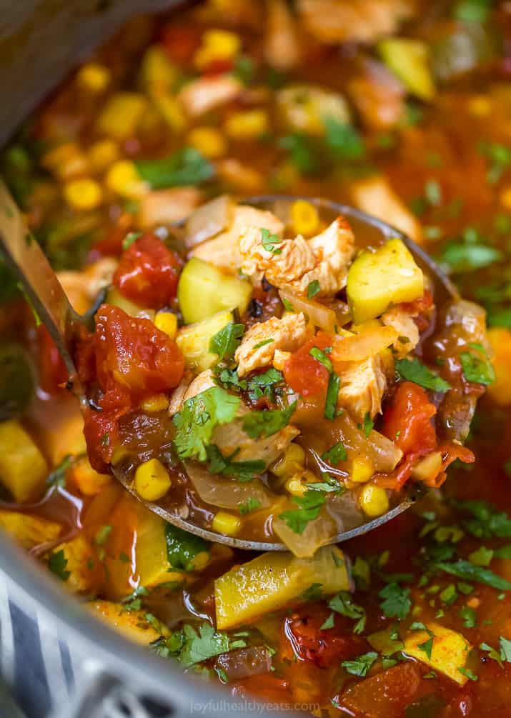 a soup laddle full of hearty chicken tortilla soup