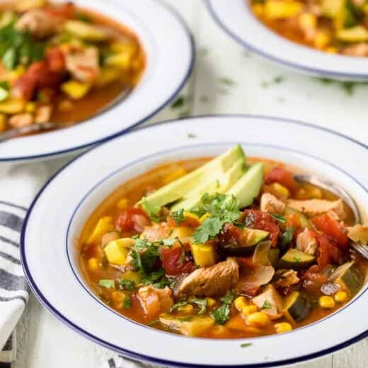 side photo of hearty chicken tortilla soup in a bowl