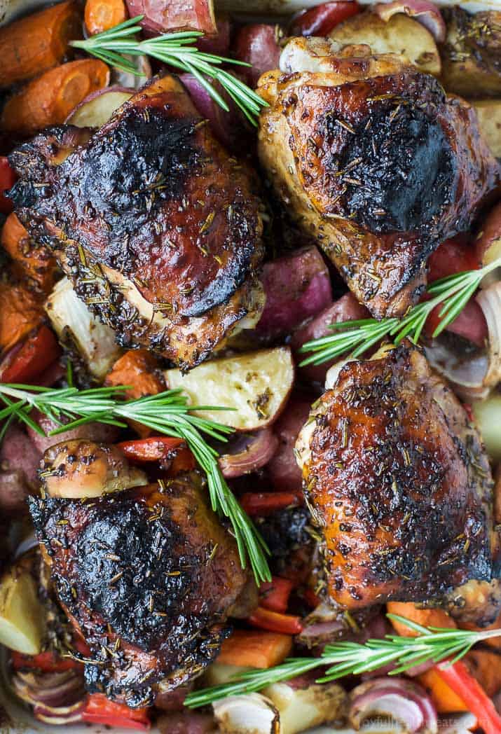 Easy One Pan Balsamic Chicken with Roasted Vegetables - a healthy paleo & gluten free recipe your family will devour! Tender juicy chicken covered in a sweet balsamic glaze has this one pan chicken bursting with flavor!