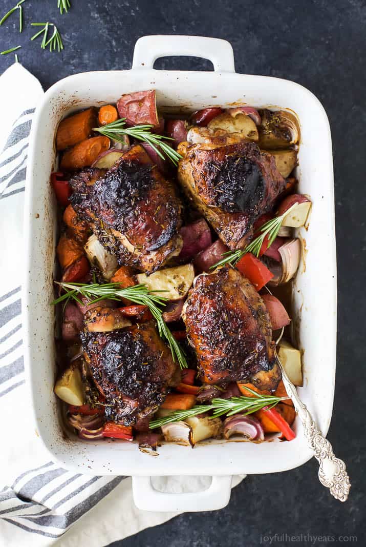 Easy One Pan Balsamic Chicken with Roasted Vegetables - a healthy paleo & gluten free recipe your family will devour! Tender juicy chicken covered in a sweet balsamic glaze has this one pan chicken bursting with flavor!