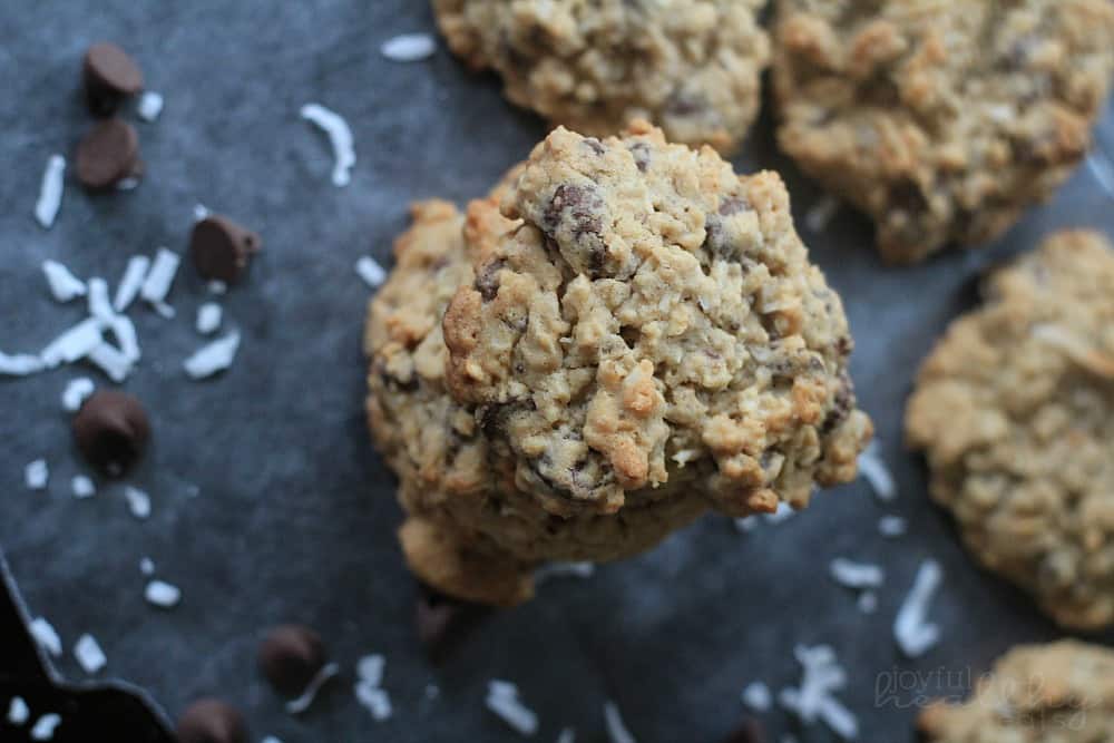 Top view of a stack of Coconut Oatmeal Chocolate Chip Cookies