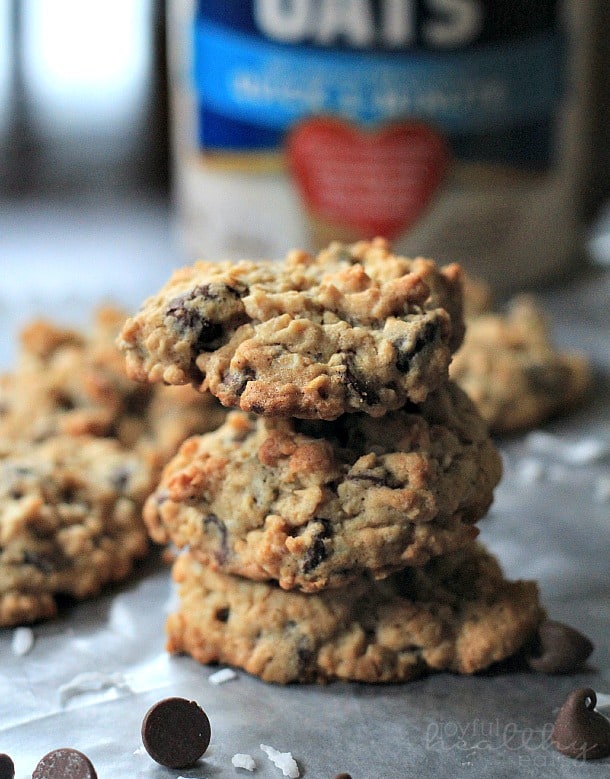 A stack of Coconut Oatmeal Chocolate Chip Cookies