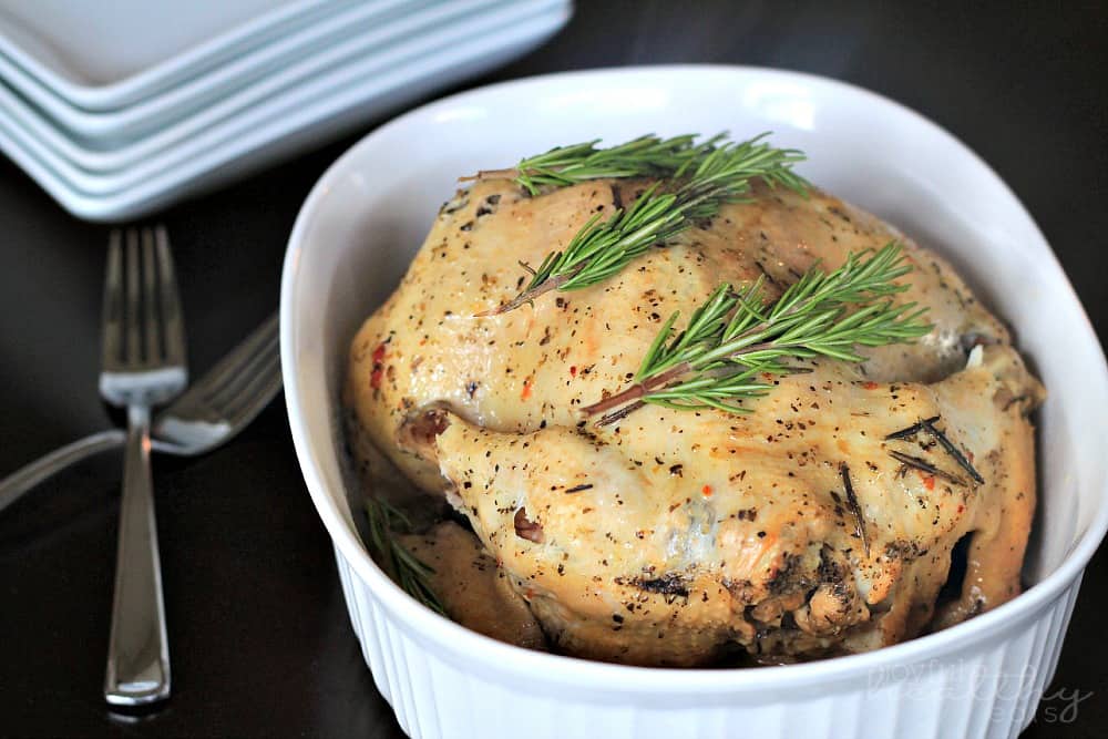 Garlic Herb Roasted Chicken in a baking dish