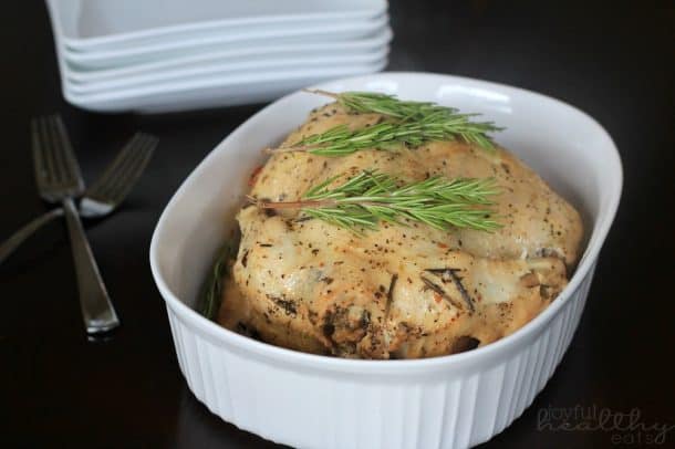 Garlic Herb Crock Pot Chicken in a baking dish