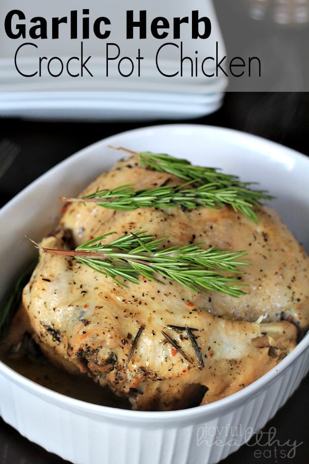 Garlic Herb Crock Pot Chicken in a baking dish