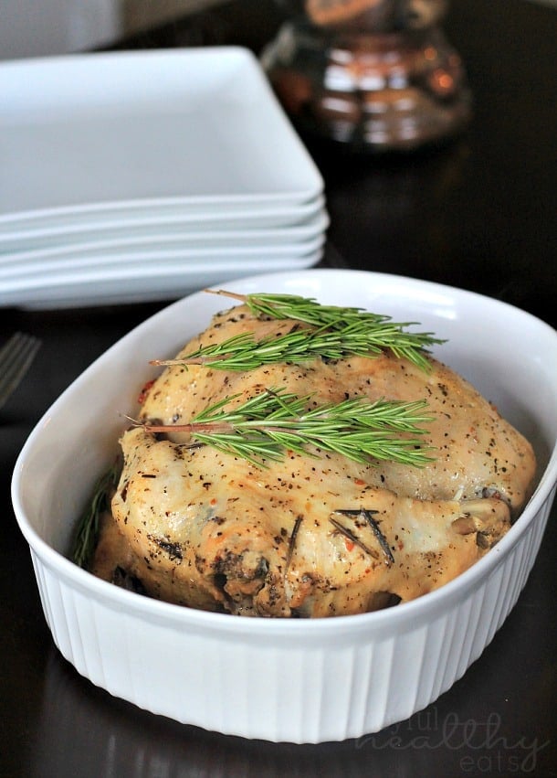 Garlic Herb Crock Pot Chicken in a baking dish