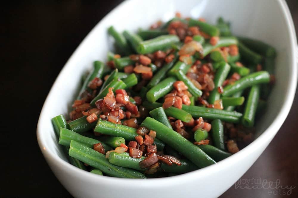 Green Beans with pancetta & red onion in a serving bowl