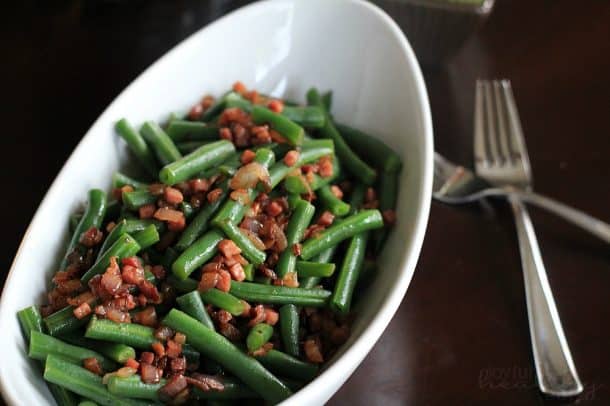 Green Beans with pancetta & red onion in a serving bowl