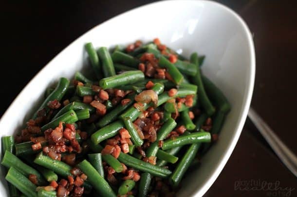 Green Beans with pancetta & red onion in a serving bowl