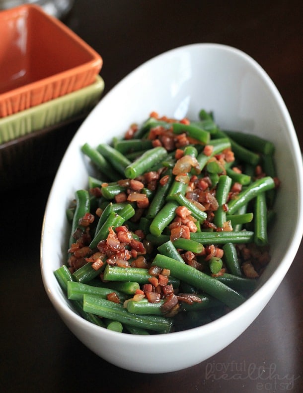 Green Beans with pancetta & red onion in a serving bowl