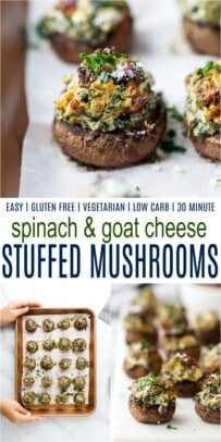 pinterst image for easy spinach and goat cheese stuffed mushrooms