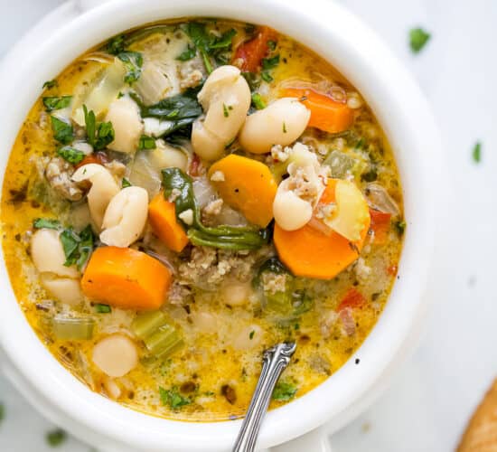 close up of a bowl filled with creamy tuscan white bean soup