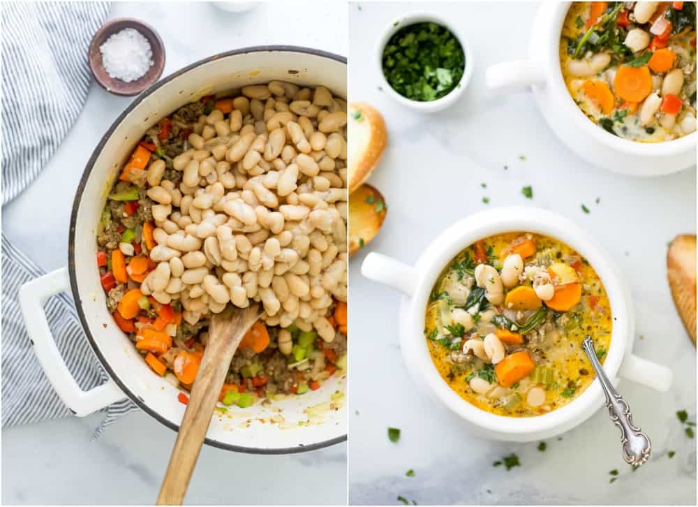 process photos of how to make creamy tuscan white bean soup