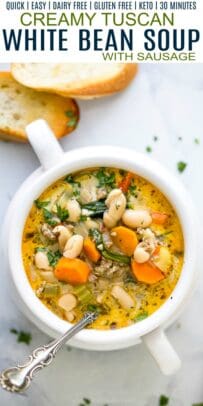 pinterest image for epic creamy tuscan white bean soup