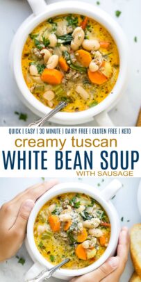 pinterest image for epic creamy tuscan white bean soup