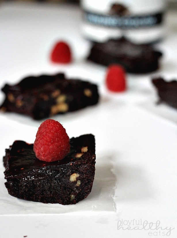 Raspberry Dark Chocolate Brownie squares with fresh raspberries