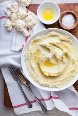 Top view of celery root and cauliflower puree in a bowl