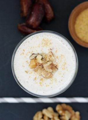 Top view of Banana Walnut Date Shake in a glass