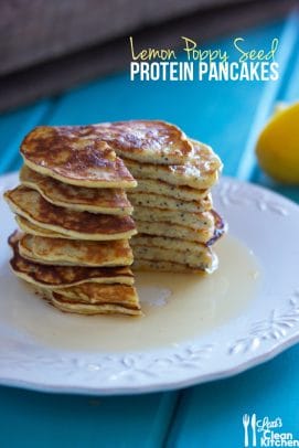 A stack of Lemon Poppyseed Protein Pancakes on a plate