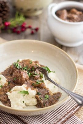 Pork Shank and Meatball stew over mashed potatoes in a bowl 