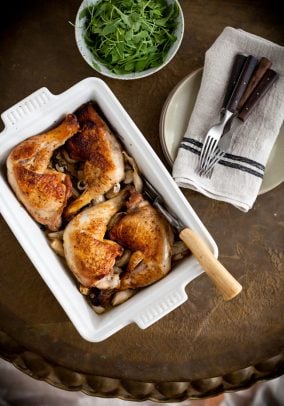 40 Garlic Clove Chicken in a baking dish
