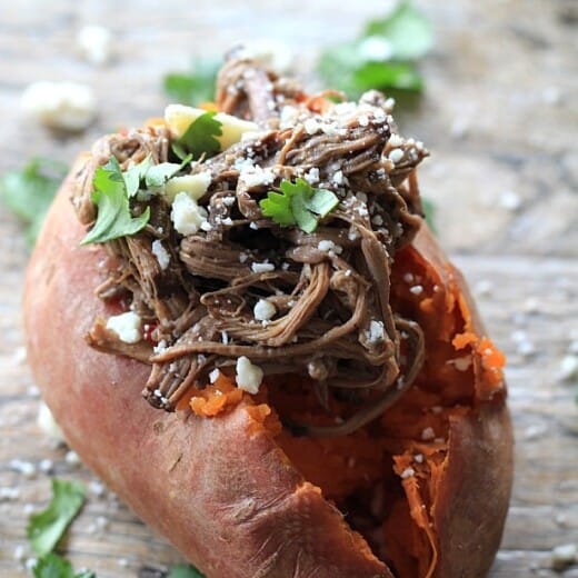 A Chipotle Beef Barbacoa Stuffed Sweet Potato