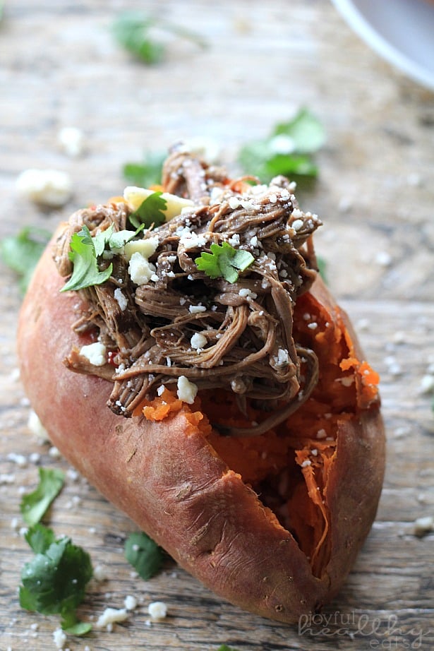 Close-up of a Chipotle Beef Barbacoa Stuffed Sweet Potato